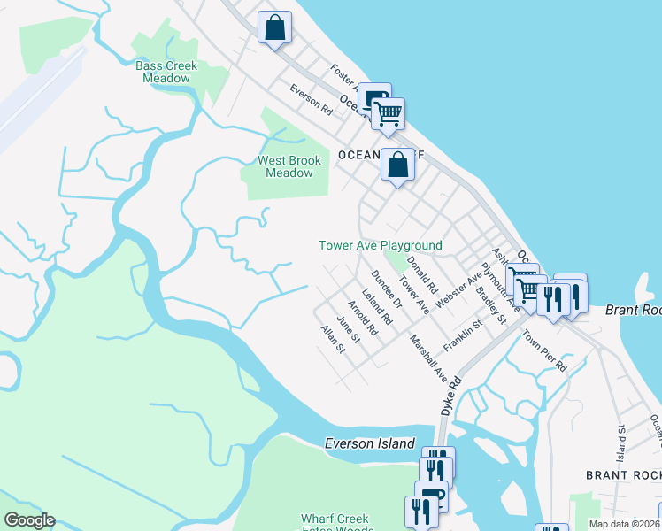 map of restaurants, bars, coffee shops, grocery stores, and more near 180 Arnold Road in Marshfield