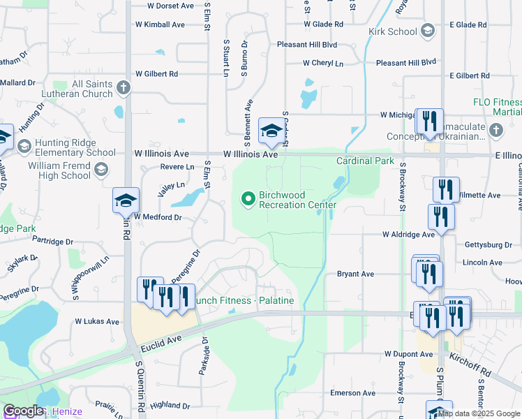 map of restaurants, bars, coffee shops, grocery stores, and more near 970 Cedar Street in Palatine