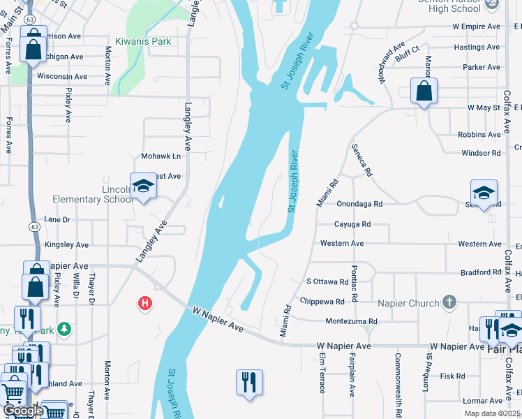 map of restaurants, bars, coffee shops, grocery stores, and more near 1375 Blackhawk Trail in Benton Harbor