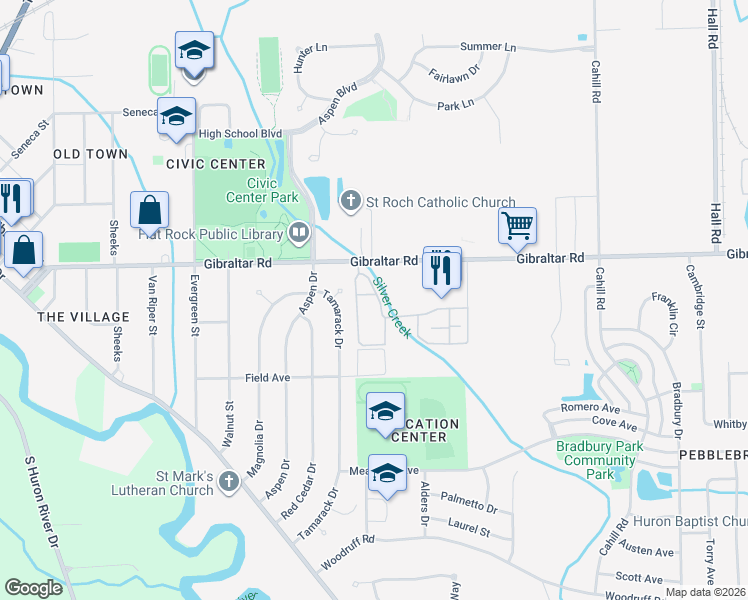 map of restaurants, bars, coffee shops, grocery stores, and more near 24931 Mayfair Street in Flat Rock