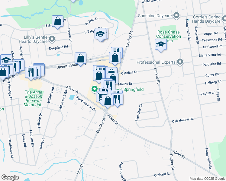 map of restaurants, bars, coffee shops, grocery stores, and more near 426 Cooley St in Springfield