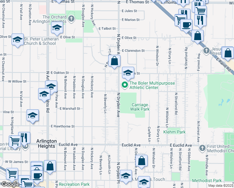 map of restaurants, bars, coffee shops, grocery stores, and more near 834 North Dryden Avenue in Arlington Heights