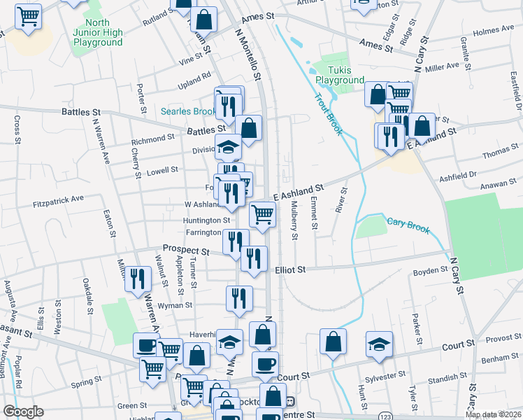map of restaurants, bars, coffee shops, grocery stores, and more near 370 North Montello Street in Brockton