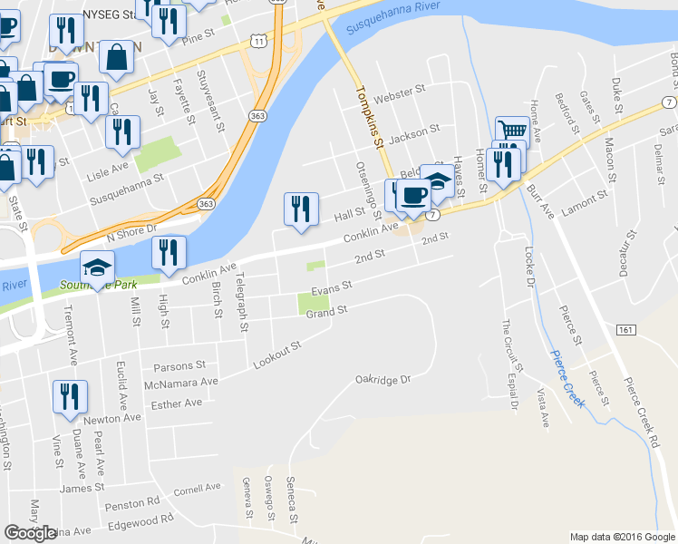 map of restaurants, bars, coffee shops, grocery stores, and more near 33 Evans Street in Binghamton