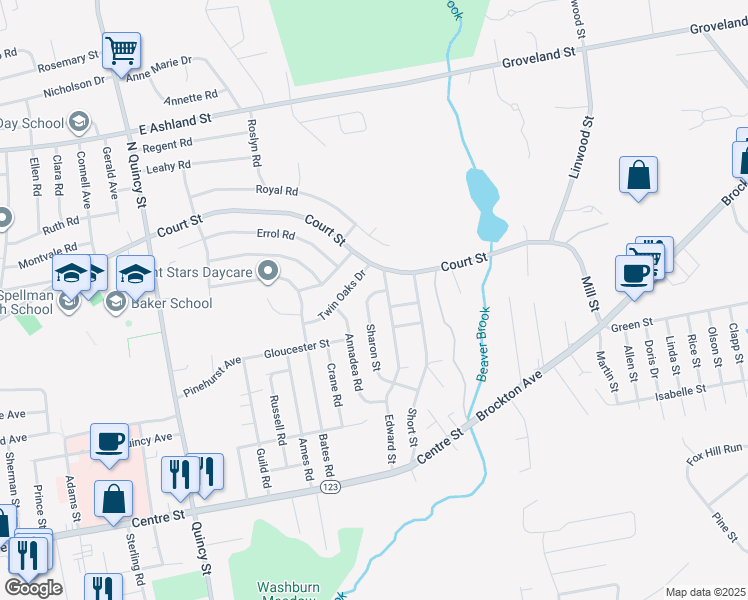 map of restaurants, bars, coffee shops, grocery stores, and more near 117 Sharon Street in Brockton