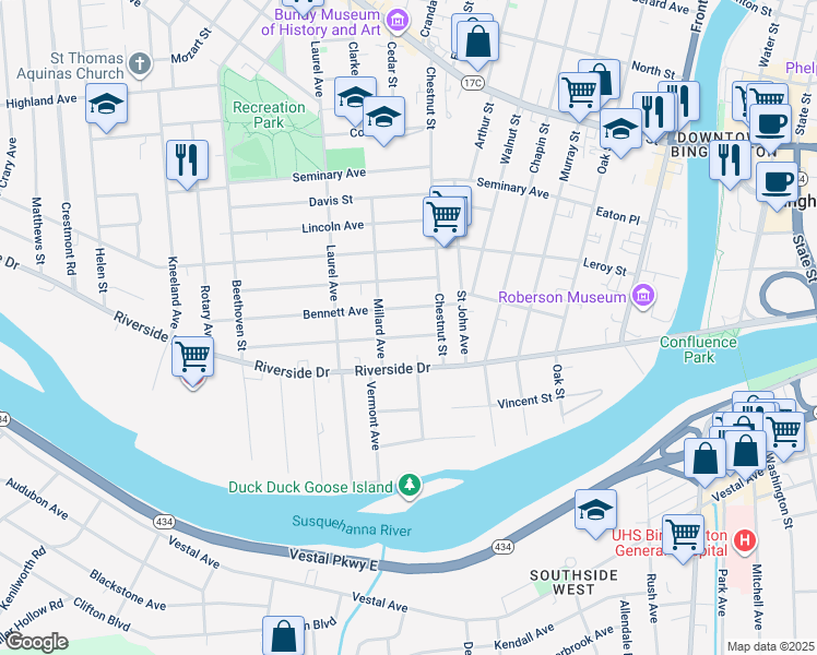 map of restaurants, bars, coffee shops, grocery stores, and more near 4 Millard Avenue in Binghamton