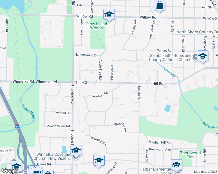map of restaurants, bars, coffee shops, grocery stores, and more near 32 Woodley Road in Winnetka