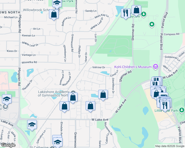 map of restaurants, bars, coffee shops, grocery stores, and more near 3231 Coral Lane in Glenview