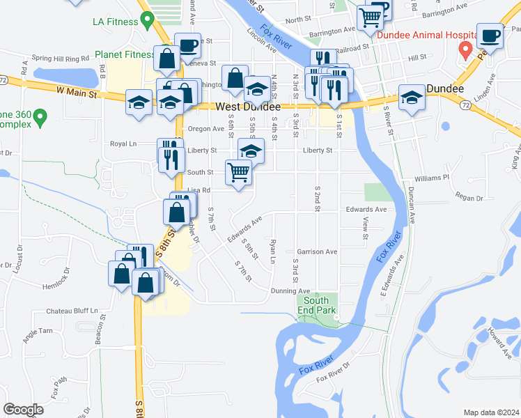 map of restaurants, bars, coffee shops, grocery stores, and more near 434 Edwards Avenue in West Dundee