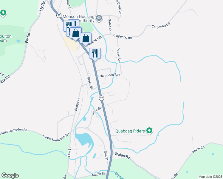 map of restaurants, bars, coffee shops, grocery stores, and more near 288 Main Street in Monson