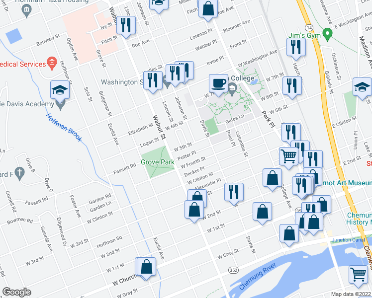 map of restaurants, bars, coffee shops, grocery stores, and more near 427 West 5th Street in Elmira