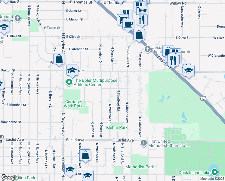 map of restaurants, bars, coffee shops, grocery stores, and more near 1605 East Frederick Street in Arlington Heights