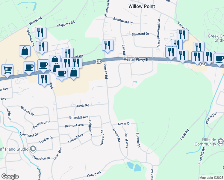 map of restaurants, bars, coffee shops, grocery stores, and more near 209 Jensen Rd in Vestal