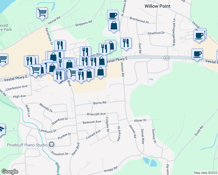 map of restaurants, bars, coffee shops, grocery stores, and more near 136 Jensen Road in Vestal