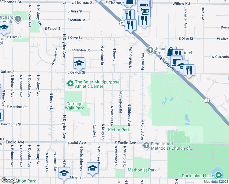 map of restaurants, bars, coffee shops, grocery stores, and more near 1605 East Frederick Street in Arlington Heights