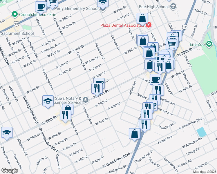 map of restaurants, bars, coffee shops, grocery stores, and more near 1127 West 38th Street in Erie