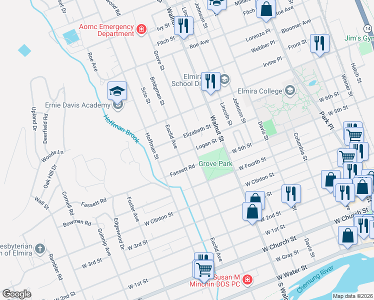 map of restaurants, bars, coffee shops, grocery stores, and more near 707 Grove Street in Elmira