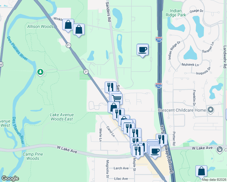 map of restaurants, bars, coffee shops, grocery stores, and more near 3252 Sanders Road in Northbrook