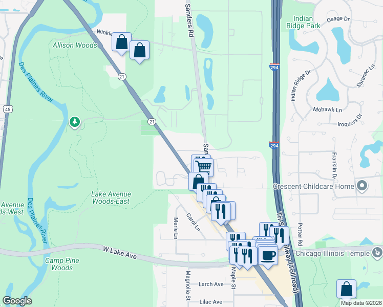 map of restaurants, bars, coffee shops, grocery stores, and more near 3256 Sanders Road in Northbrook