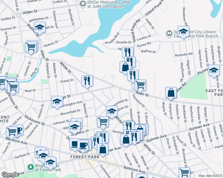 map of restaurants, bars, coffee shops, grocery stores, and more near 23-25 Palm Street in Springfield