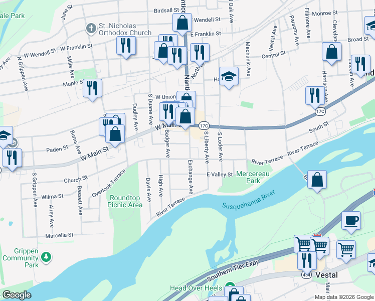 map of restaurants, bars, coffee shops, grocery stores, and more near 409 Exchange Avenue in Endicott