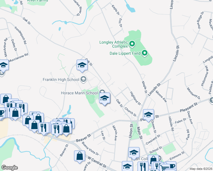 map of restaurants, bars, coffee shops, grocery stores, and more near in Franklin
