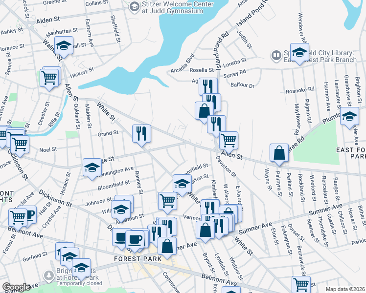 map of restaurants, bars, coffee shops, grocery stores, and more near 23-25 Palm Street in Springfield