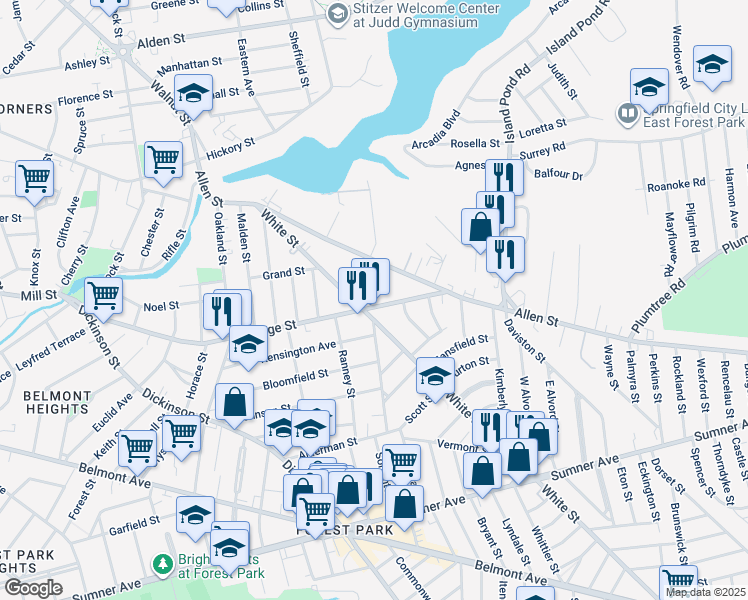 map of restaurants, bars, coffee shops, grocery stores, and more near 179 White Street in Springfield