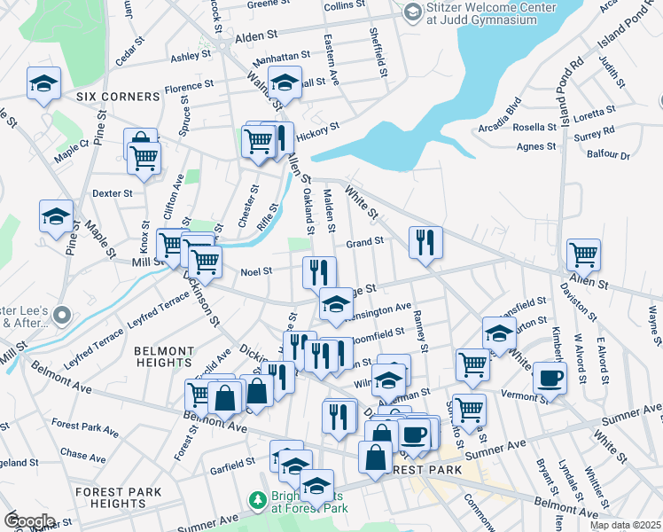 map of restaurants, bars, coffee shops, grocery stores, and more near 299 Oakland Street in Springfield