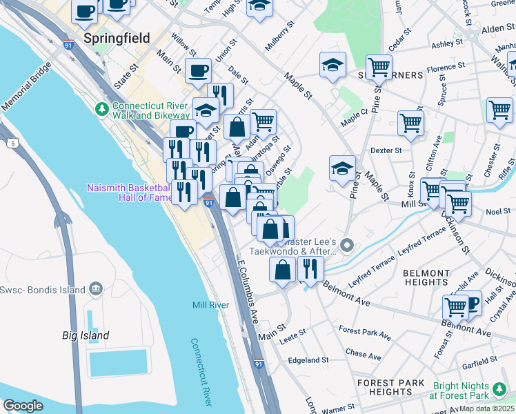 map of restaurants, bars, coffee shops, grocery stores, and more near 511 Main Street in Springfield
