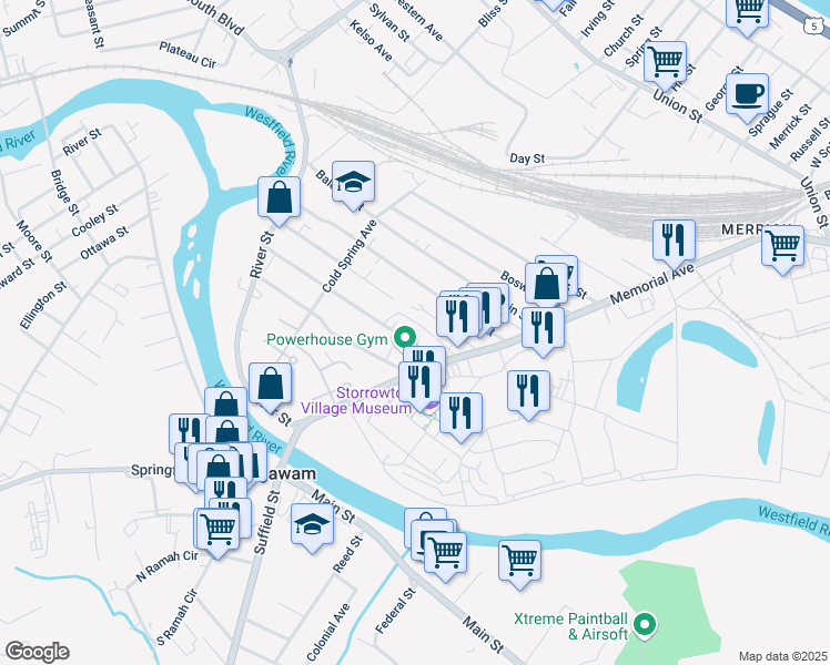 map of restaurants, bars, coffee shops, grocery stores, and more near 1452 Memorial Avenue in West Springfield