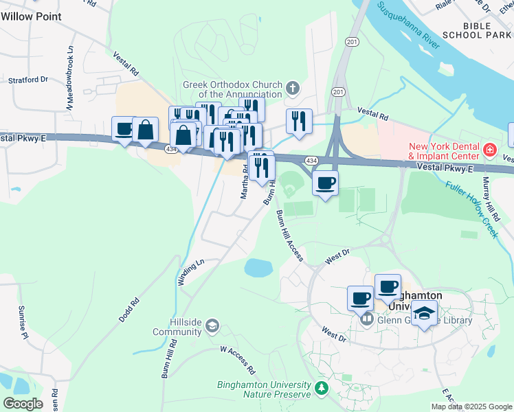 map of restaurants, bars, coffee shops, grocery stores, and more near 1078 Bunn Hill Road in Vestal