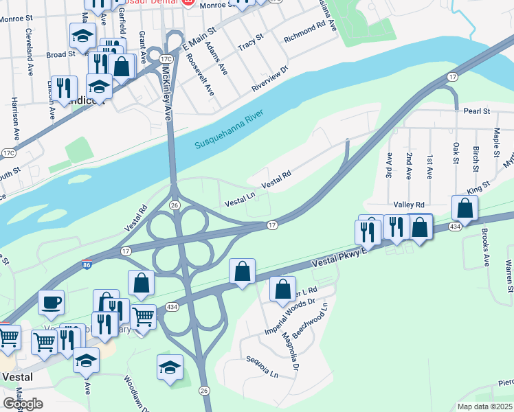map of restaurants, bars, coffee shops, grocery stores, and more near Southern Tier Expressway in Vestal