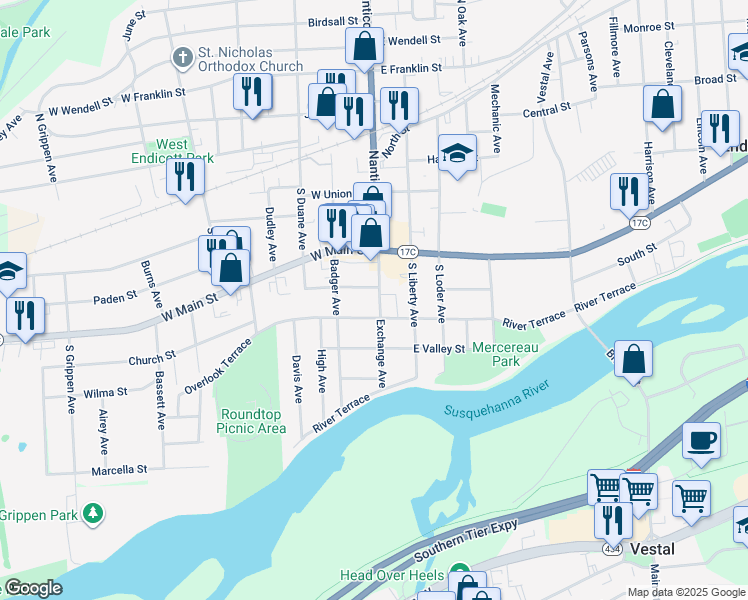 map of restaurants, bars, coffee shops, grocery stores, and more near 409 Exchange Avenue in Endicott
