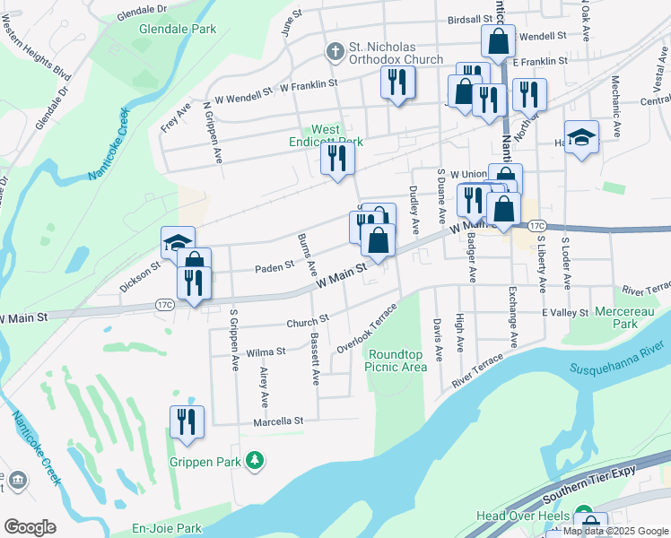 map of restaurants, bars, coffee shops, grocery stores, and more near 520 West Main Street in Endicott