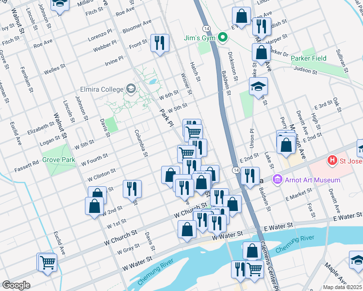 map of restaurants, bars, coffee shops, grocery stores, and more near 401 North Main Street in Elmira
