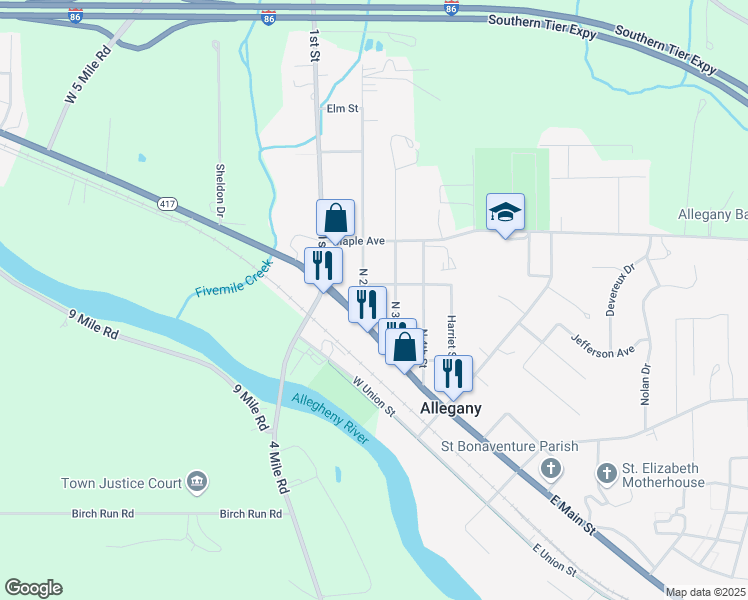 map of restaurants, bars, coffee shops, grocery stores, and more near 7 North 2nd Street in Allegany