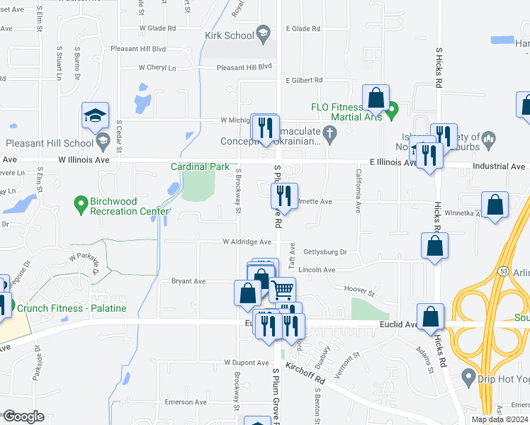 map of restaurants, bars, coffee shops, grocery stores, and more near 948 South Plum Grove Road in Palatine