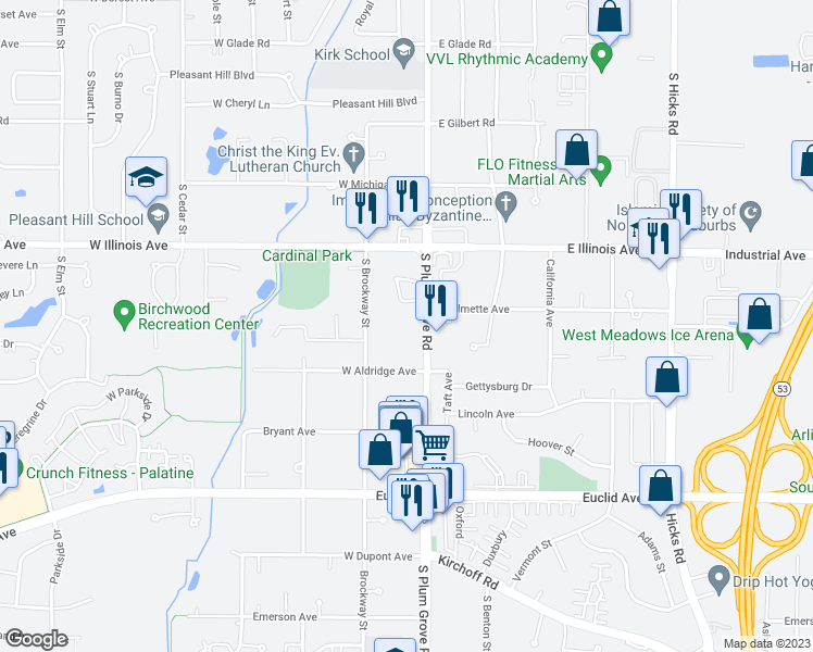 map of restaurants, bars, coffee shops, grocery stores, and more near 948 South Plum Grove Road in Palatine