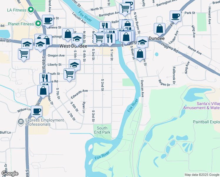 map of restaurants, bars, coffee shops, grocery stores, and more near 503 South 2nd Street in West Dundee