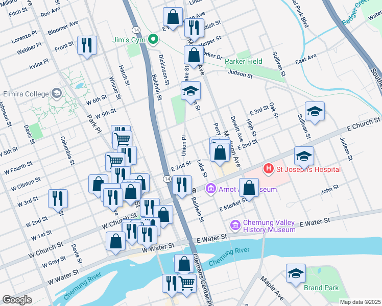map of restaurants, bars, coffee shops, grocery stores, and more near 413 Lake Street in Elmira