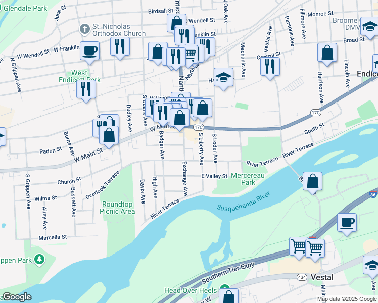 map of restaurants, bars, coffee shops, grocery stores, and more near 403 Exchange Avenue in Endicott