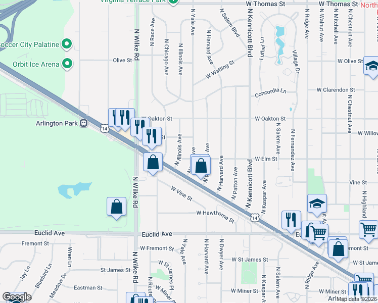 map of restaurants, bars, coffee shops, grocery stores, and more near 1415 West Elm Street in Arlington Heights