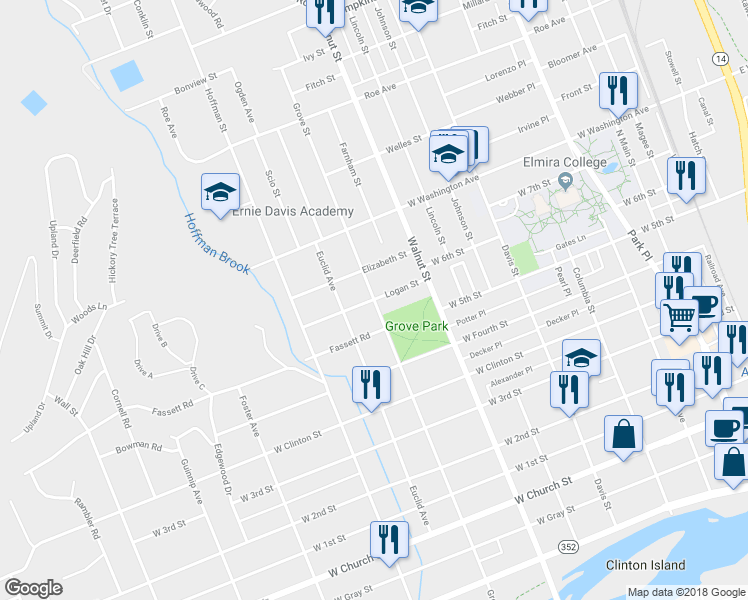 map of restaurants, bars, coffee shops, grocery stores, and more near Grove St & Logan St in Elmira