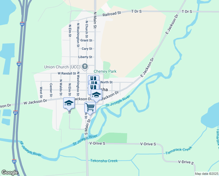 map of restaurants, bars, coffee shops, grocery stores, and more near 228 East Canal Street in Tekonsha
