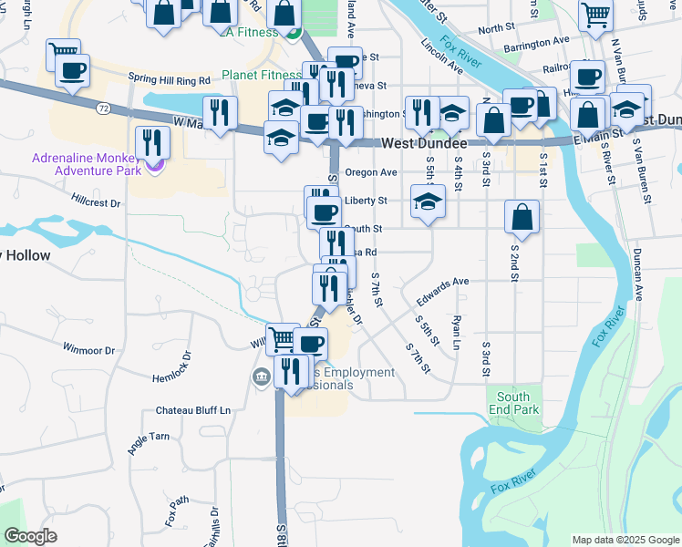map of restaurants, bars, coffee shops, grocery stores, and more near 527 South 8th Street in West Dundee