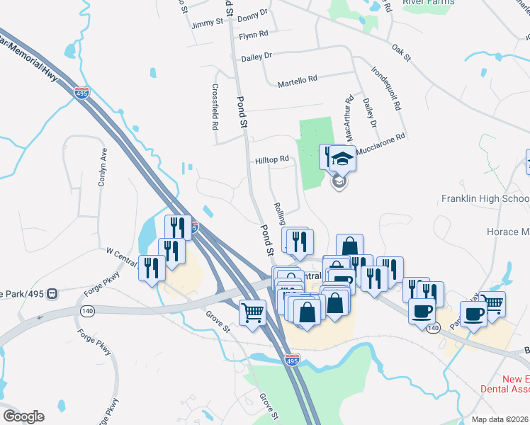 map of restaurants, bars, coffee shops, grocery stores, and more near 10 Rolling Ridge Road in Franklin