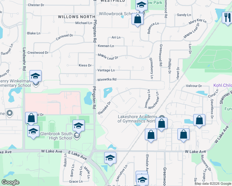 map of restaurants, bars, coffee shops, grocery stores, and more near 2114 Trowbridge Court in Glenview