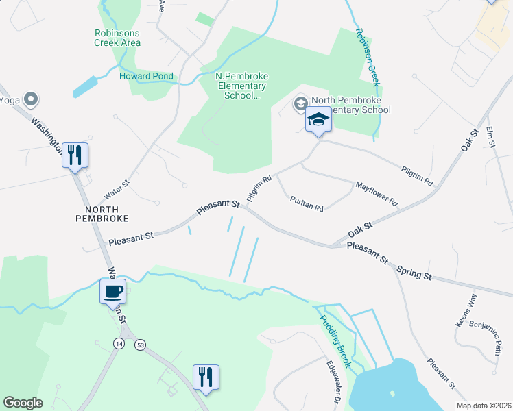 map of restaurants, bars, coffee shops, grocery stores, and more near 103 Pleasant Street in Pembroke