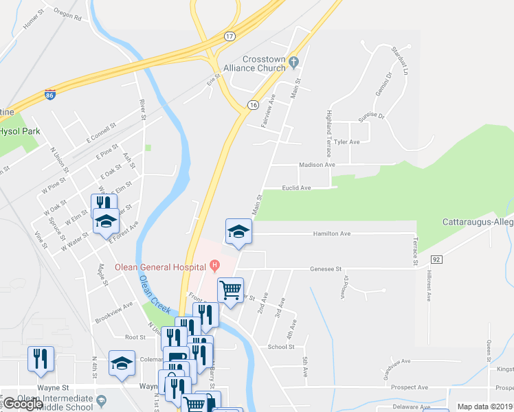 map of restaurants, bars, coffee shops, grocery stores, and more near Main Street in Olean